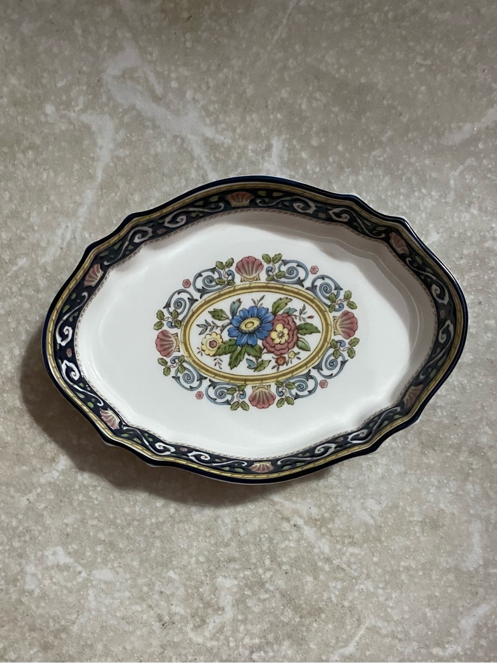 Vintage Wedgwood Runnymede Blue Bone China Oval Trinket Dish 5”